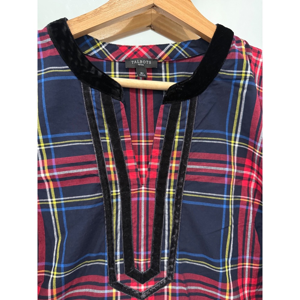 Talbots Petite Plaid Tunic Top Velvet Trim V Neck Long Sleeve Women's MP Hoilday - Picture 4 of 7